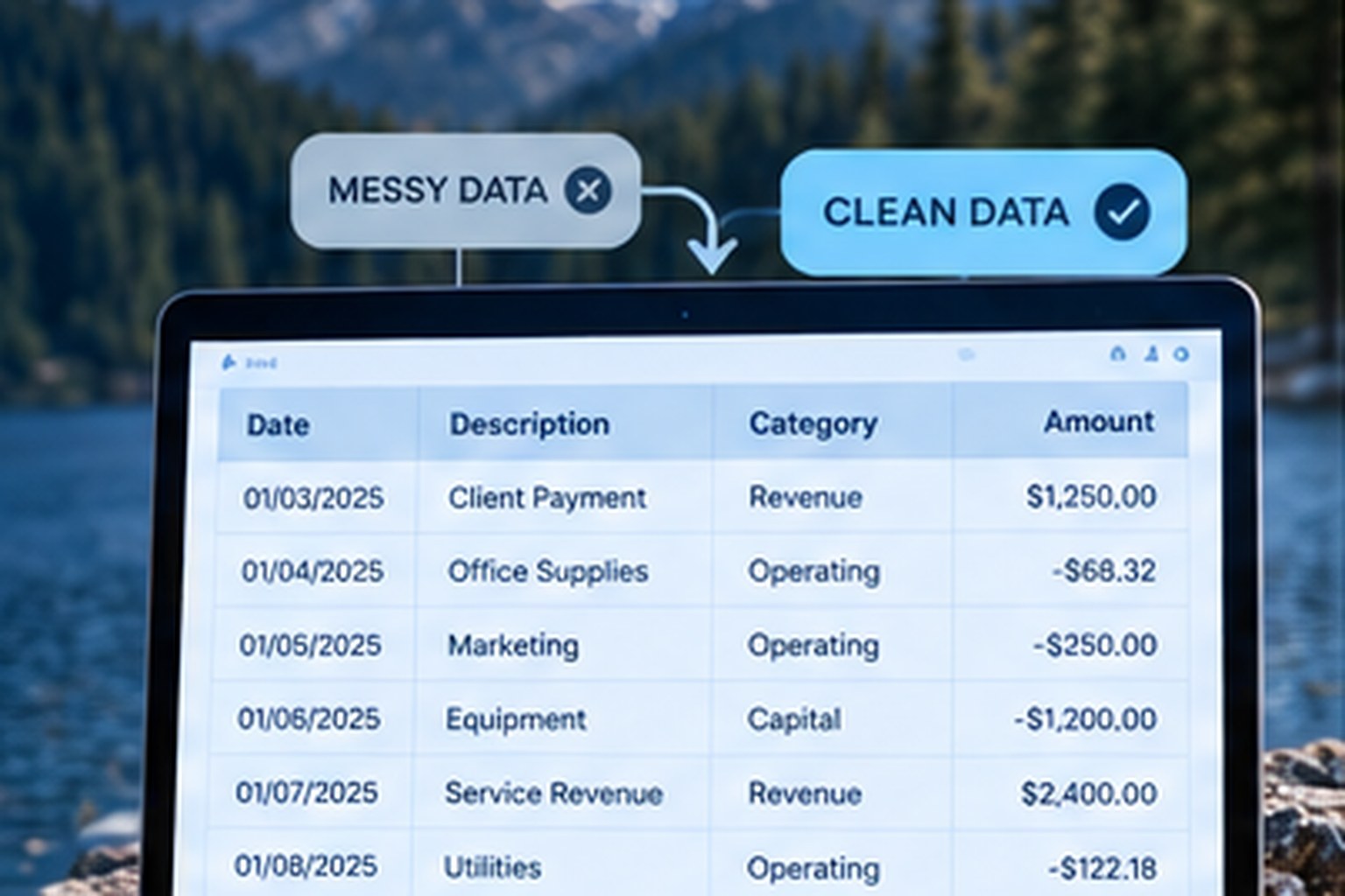 Laptop displaying an organized financial transaction spreadsheet beside a mountain lake